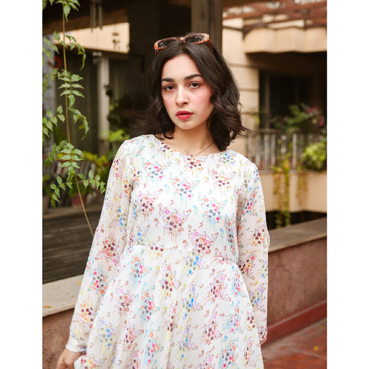 Blanc-Floral Chiffon Dress